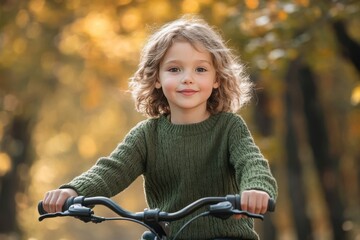 Obraz premium Young child riding a bicycle through a vibrant autumn landscape in soft sunlight