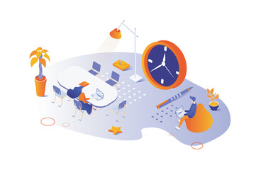 Coworking office 3d isometric concept with isometry people design for web. Businessman and businesswoman working at laptops in open workplace. Colleagues meeting and teamwork. Vector illustration.