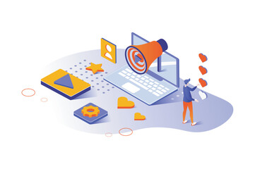Digital marketing 3d isometric concept with isometry people design for web. Man doing advertisement in social media, business presentation with strategy, branding and promotion. Vector illustration.