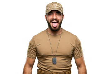 Soldier with tongue sticking out wearing camouflage hat and dog tags isolated on transparent background