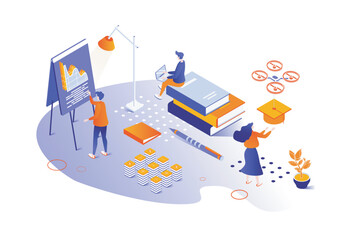 Education 3d isometric concept with isometry people design for web. Students learning in class, pupils studying and reading books, making presentation for lessons, graduating. Vector illustration.