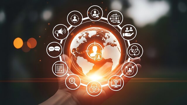 Global network connectivity concept with glowing earth and digital icons representing worldwide communication and data transfer - Powered by Adobe