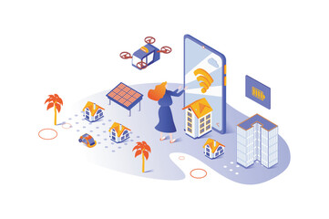 Smart city 3d isometric concept with isometry people design for web. Woman living in city with urban infrastructure and suburb, smart automation system and wireless connection. Vector illustration.