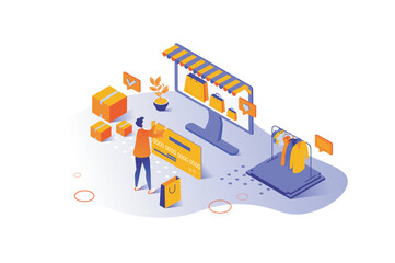 Shopping 3d isometric concept with isometry people design for web. Man buying fashion clothes in internet store, making online payment with credit card, ordering delivery service. Vector illustration.