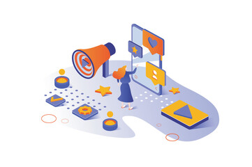 Social media marketing 3d isometric concept with isometry people design for web. Woman making advertising with SMM strategy, online business promotion and new clients attraction. Vector illustration.
