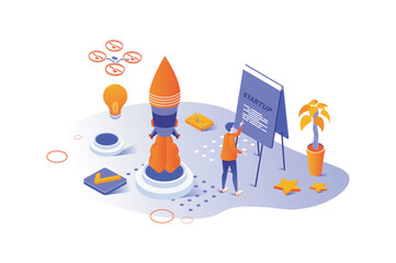 Startup 3d isometric concept with isometric people design for web. Businessman developing new business project, starting enterprise and launching company with marketing strategy. Vector illustration.
