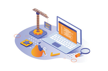 Web development 3d isometric concept with isometry people design. Man developing software for website, creating front end, coding and making site optimization, working at laptop. Vector illustration.