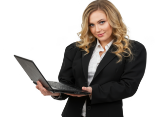 Confident young blonde businesswoman holding a laptop professionally and smiling transparent background