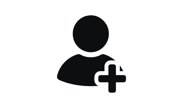 Add user profile icon silhouette, new member account symbol with plus sign isolated on white background.