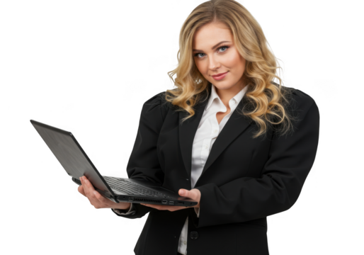 Confident young blonde businesswoman holding a laptop professionally and smiling transparent background - Powered by Adobe