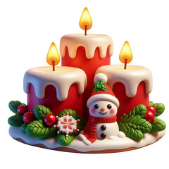 A cute snowman with three red candles on a cookie-like base, decorated with leaves, berries, and snowflakes.