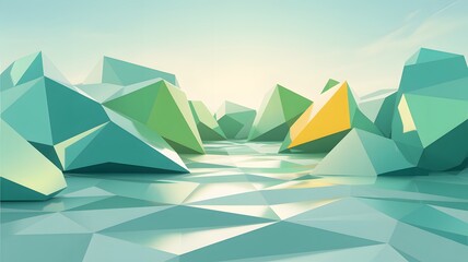 Abstract Geometric Landscape with Teal and Yellow Polygons