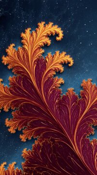 Intricate fractal tree with fiery orange and red hues emerges against a dark blue starry night sky background for abstract art and science visualizations