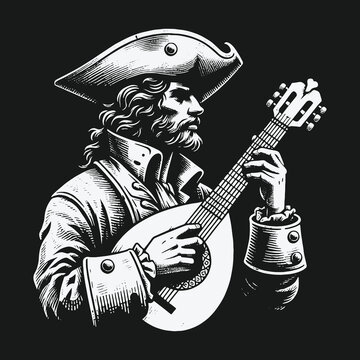 Monochrome historical illustration of a bard playing a lute.