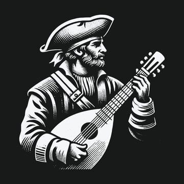 Monochrome illustration of a historical pirate musician playing a lute.