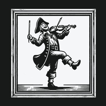 Vintage woodcut illustration of a dancing pirate playing the fiddle.