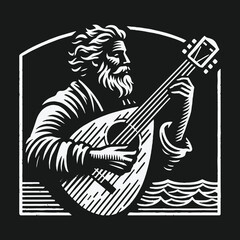 Fototapeta premium Vintage woodcut style illustration of an old bearded bard playing a lute by the sea.