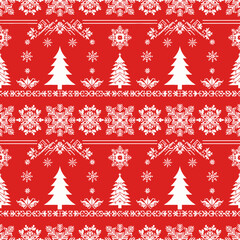 Christmas knit print. Seamless pattern. Set Red knitted sweater textures. Fair isle traditional geometric background. Holiday winter ornament. Festive crochet. Wool pullover frame. Vector illustration