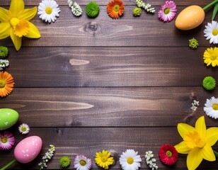 Wooden Easter Background Framed by Flowers and Decorated Easter Eggs