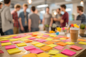 A creative office workshop scene with colorful sticky notes spread across a table in the foreground, while a group of young professionals discuss ideas in a modern, collaborative workspace.