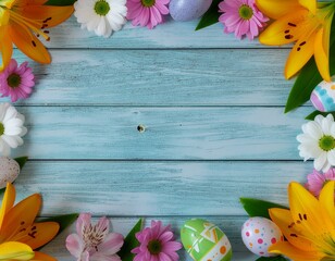 Wooden Easter Background Framed by Flowers and Decorated Easter Eggs