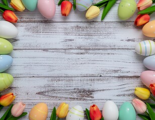 Wooden Easter Background Framed by Flowers and Decorated Easter Eggs