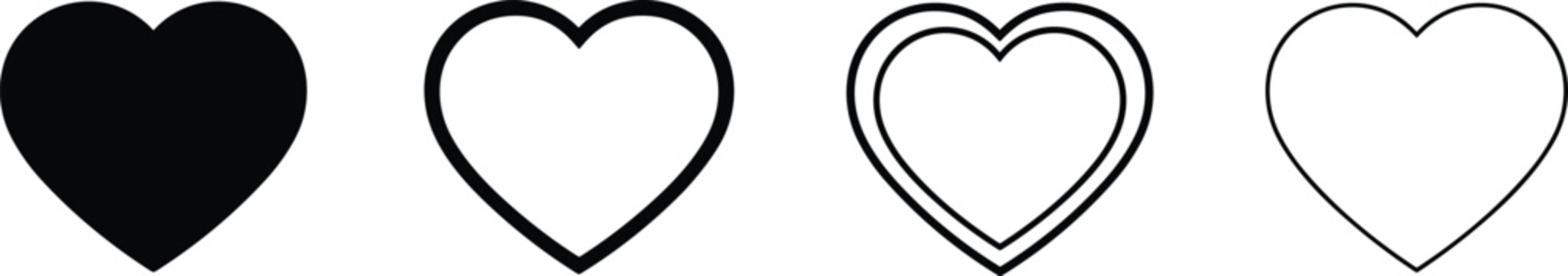 Set of heart shape vector icons in various styles including solid black bold outline and thin line art isolated on white background for valentine day wedding love