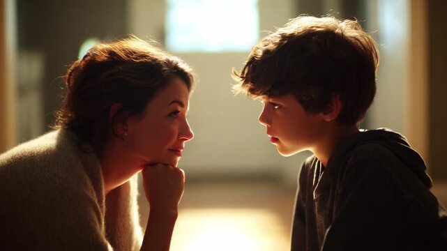 A Heartfelt Conversation Between a Mother and Her Son, Capturing the Intimacy and Connection in Their Eyes While They Share a Moment of Understanding and Affection in a Quiet Setting.