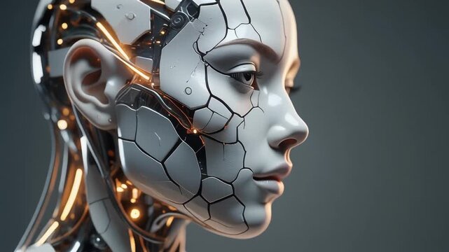 Elegant Technomorph with fractured synthetic skin revealing glowing intricate internal circuits and advanced humanoid artificial intelligence design