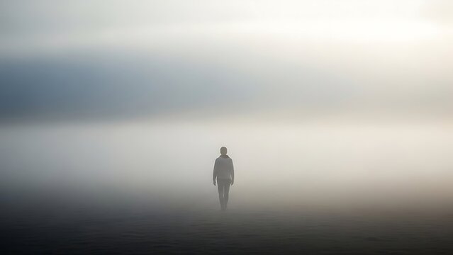 person walking away into foggy open landscape