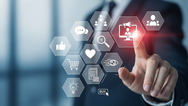 Business professional interacting with a digital interface displaying various technological icons and data points in a modern office setting - Powered by Adobe