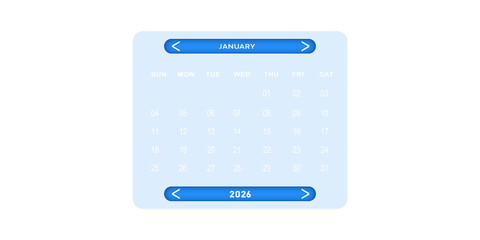 2026 January calander cut out PNG, in the concept of new work goals and progress setting for the new month, isolated on transparent background