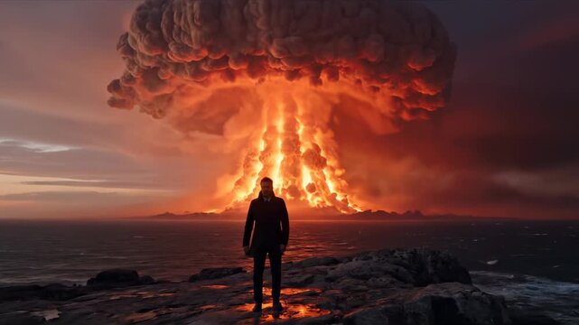 Man watches nuclear explosion mushroom cloud rise over ocean at sunset. Apocalyptic disaster with man viewing explosion. Nuclear mushroom cloud above water. Man witnesses apocalyptic explosion.