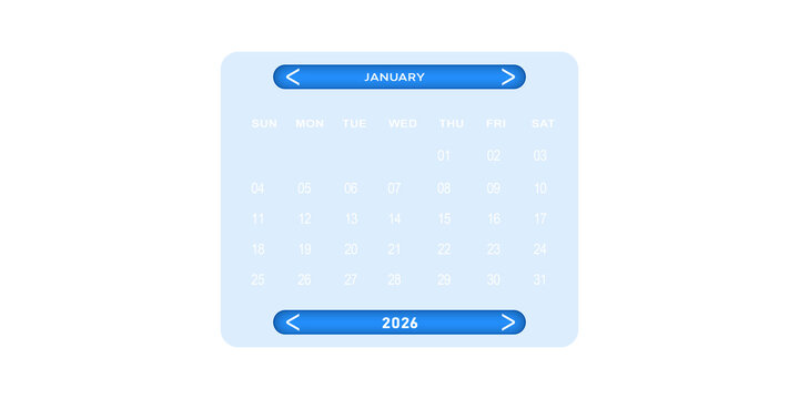 2026 January calander cut out PNG, in the concept of new work goals and progress setting for the new month, isolated on transparent background