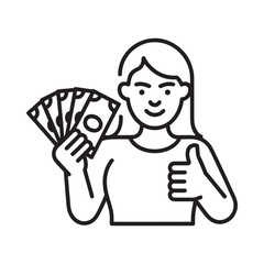 Woman holding money and giving a thumbs up illustration
