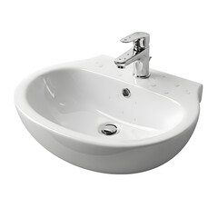 Fototapeta premium Modern ceramic wall mounted bathroom sink basin with chrome faucet tap fixture isolated on transparent background