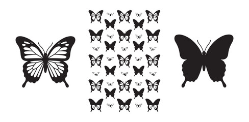 Set of black butterfly silhouettes and detailed outlines on white background © FARJANAAKTER