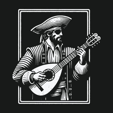 Monochrome illustration of a bearded minstrel playing a mandolin.