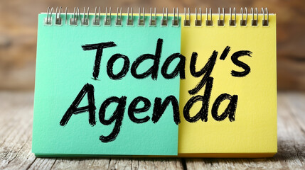 Flip notepad with “Today’s Agenda” on colorful pages symbolizes daily planning, organization, and productivity.