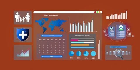Business analyzing data using AI technology to work with tools, new month search, Flowchart, wolrd smart technology and artificial intelligence concept. Isolated on orange background