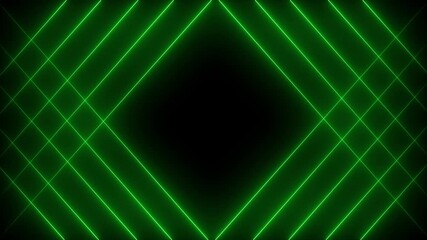 Abstract glowing neon green lines forming a diamond pattern against a dark black background with a subtle animation effect and alpha channel for seamless integration into projects and motion 4k