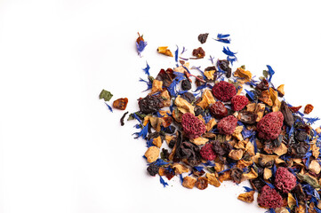 Fruit tea mix with raspberries and cornflower petals. Close up of fruit tea mix with dried...