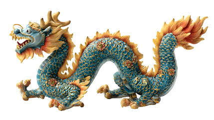 An ancient golden Chinese dragon statue stands as a powerful oriental symbol of traditional Asian culture and mythology, featuring an ornate sculpture design used for temple decoration in the East