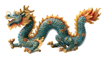 An ancient golden Chinese dragon statue stands as a powerful oriental symbol of traditional Asian culture and mythology, featuring an ornate sculpture design used for temple decoration in the East