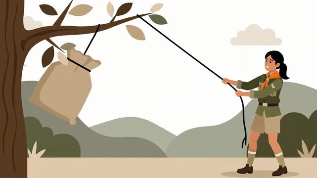 Girl Scout Pulls Sack From Tree, Represents Determination Effort And Achieving Goals