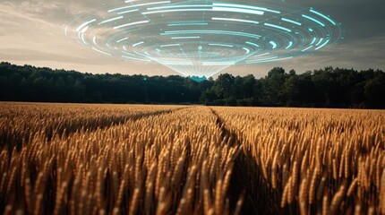 Futuristic AI crop-scanning hologram hovering above golden wheat fields, visualizing invisible data analytics and precision agriculture in a clean, minimal, tech-forward farming landscape.
- Powered by Adobe