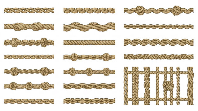 Comprehensive Set of Nautical Rope Segments and Intertwined Knots Illustration