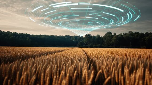 Futuristic AI crop-scanning hologram hovering above golden wheat fields, visualizing invisible data analytics and precision agriculture in a clean, minimal, tech-forward farming landscape.

