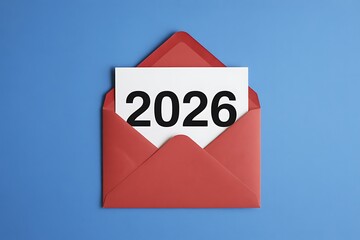 A red envelope with a white card displaying the year 2026 on a blue background