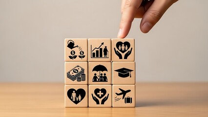 Wooden blocks with icons representing life stages and aspirations stacked on a light wood surface